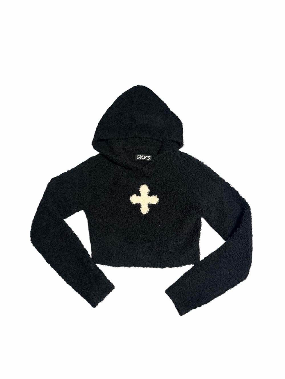 SMFK Black Cropped Fuzzy Hoodie with Cream Cross